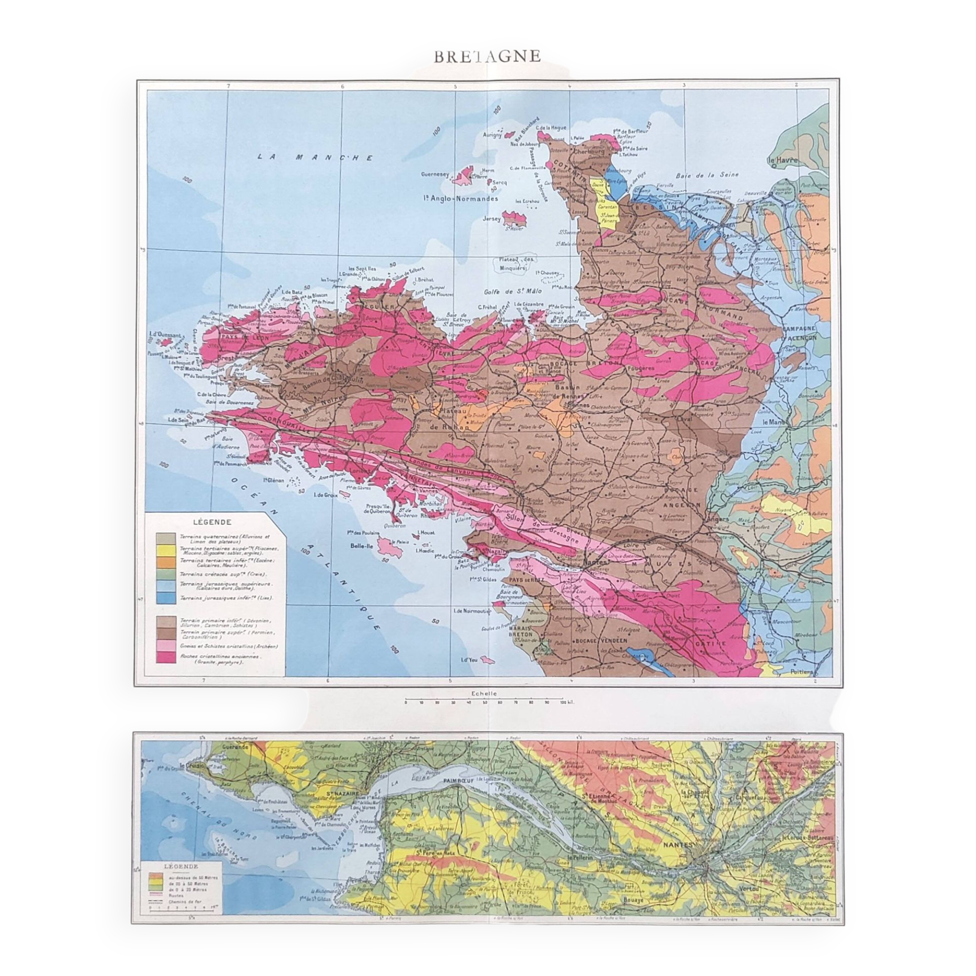 Brittany and Loire estuary map 43x43cm vintage from 1950