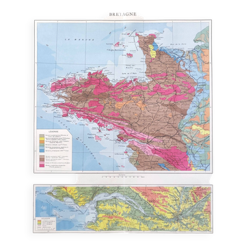 Vintage map of Brittany and the Loire estuary 43x43cm from 1950.