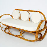 Sofa and italian poufs bamboo curly wool around 1960