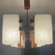 Scandinavian chandelier with 6 lights in teak and a perspex shade.