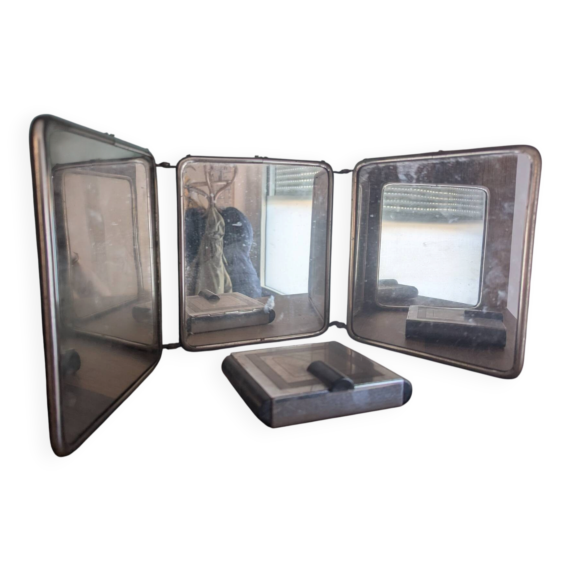 Miroir triptyque dit de barbier années 40 avec encadrement métal