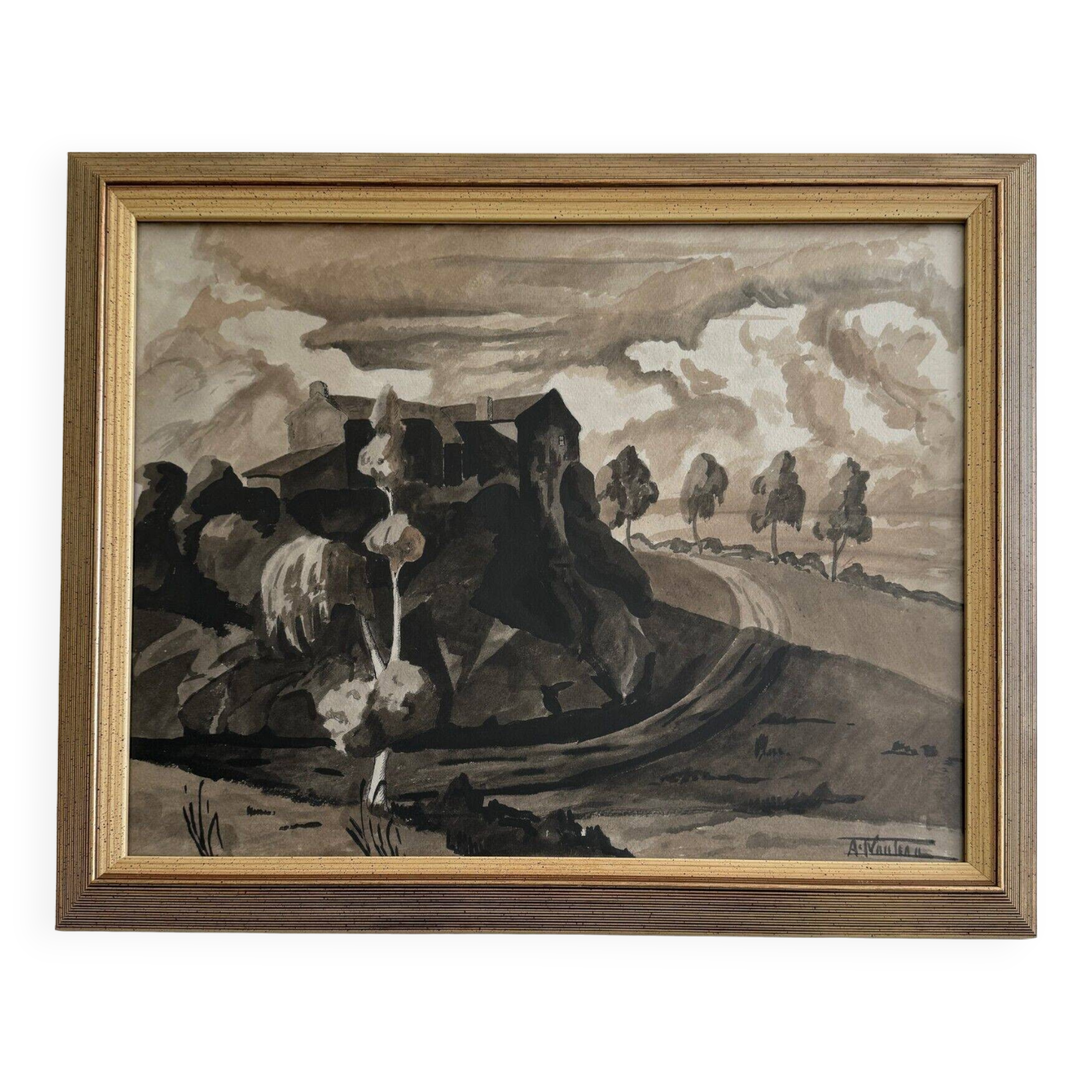 Watercolor on paper André-Charles Nauleau landscape with path 20th century