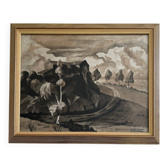 Watercolor on paper André-Charles Nauleau landscape with path 20th century