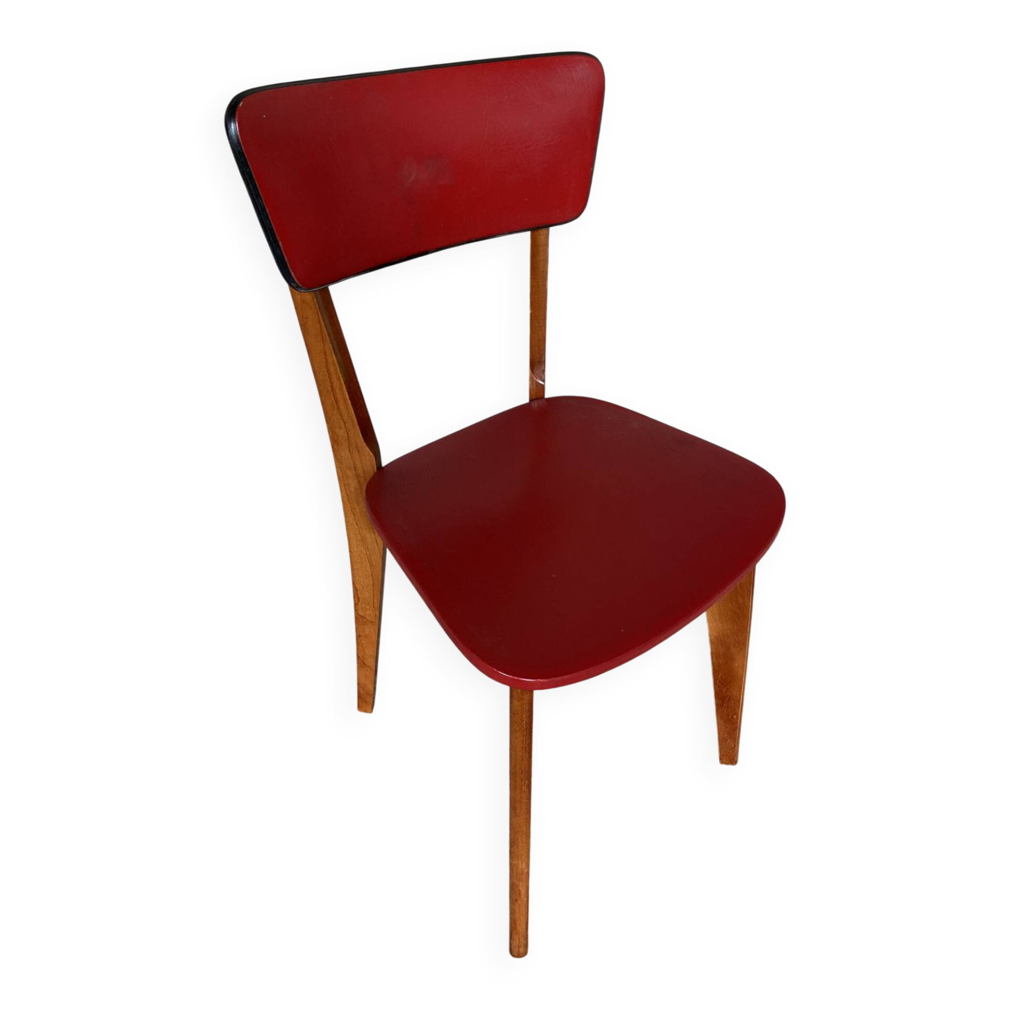 Vintage 1960s Scandinavian Chair Wood + Red Faux Leather