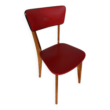 Vintage 1960s Scandinavian Chair Wood + Red Faux Leather