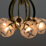 Lustre à 6 bras en laiton et verre, années 1980