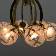 Lustre à 6 bras en laiton et verre, années 1980
