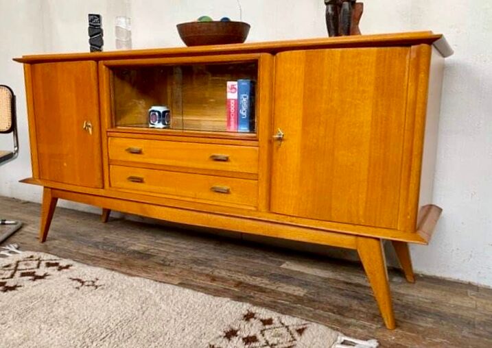 Enfilade moderniste en chêne longueur 197 vintage 1950 pieds compas