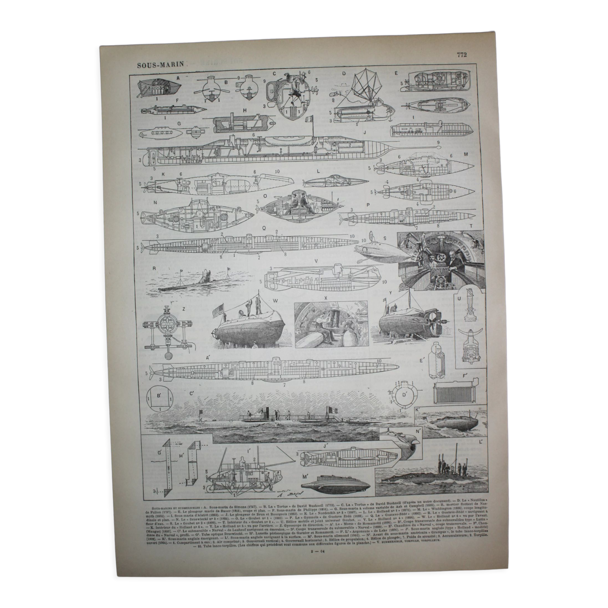 Lithograph • Submarine, submersible, marine • Original engraving from 1898