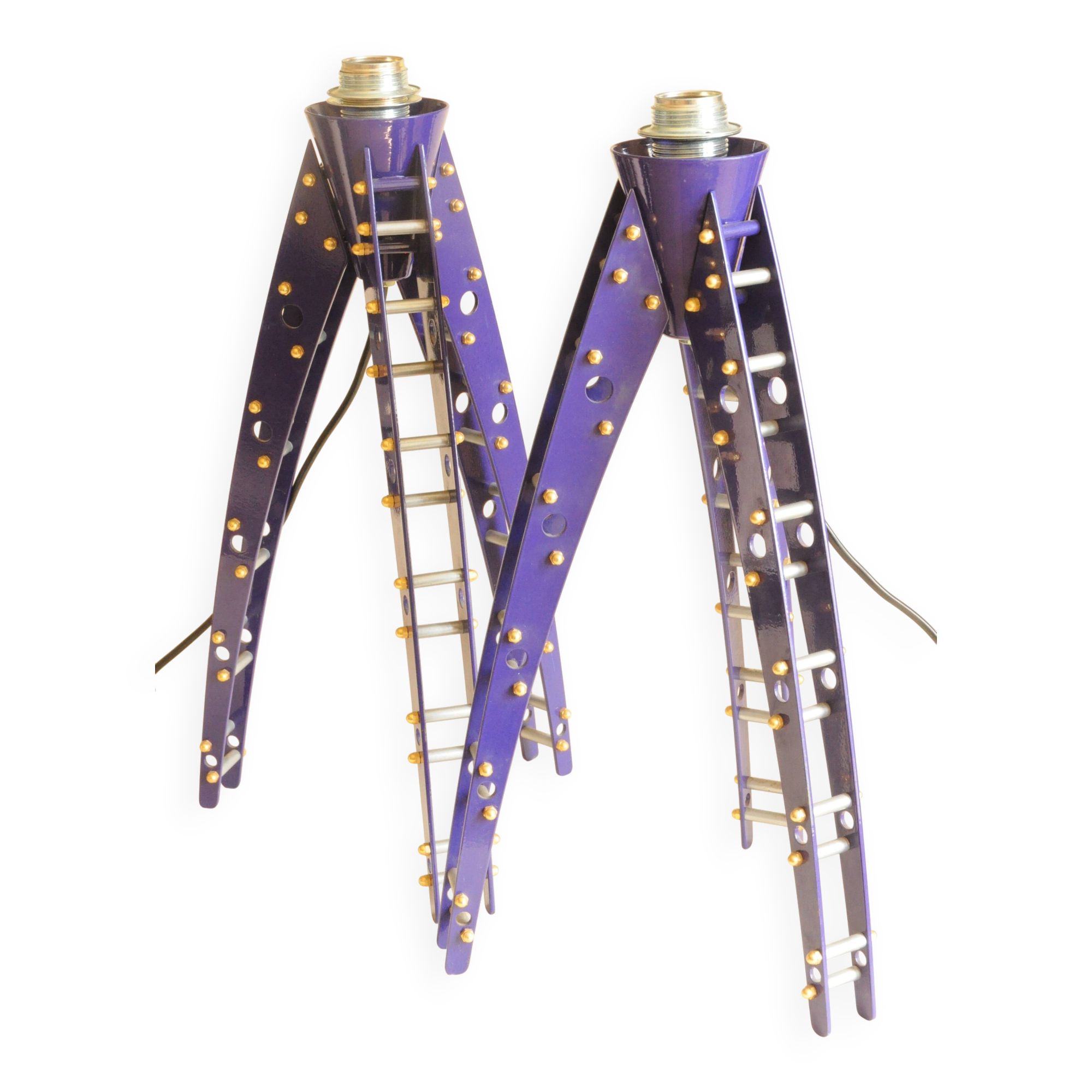 Pair of Tripod Lamp Feet - Space Age Style - Electric Blue Metal