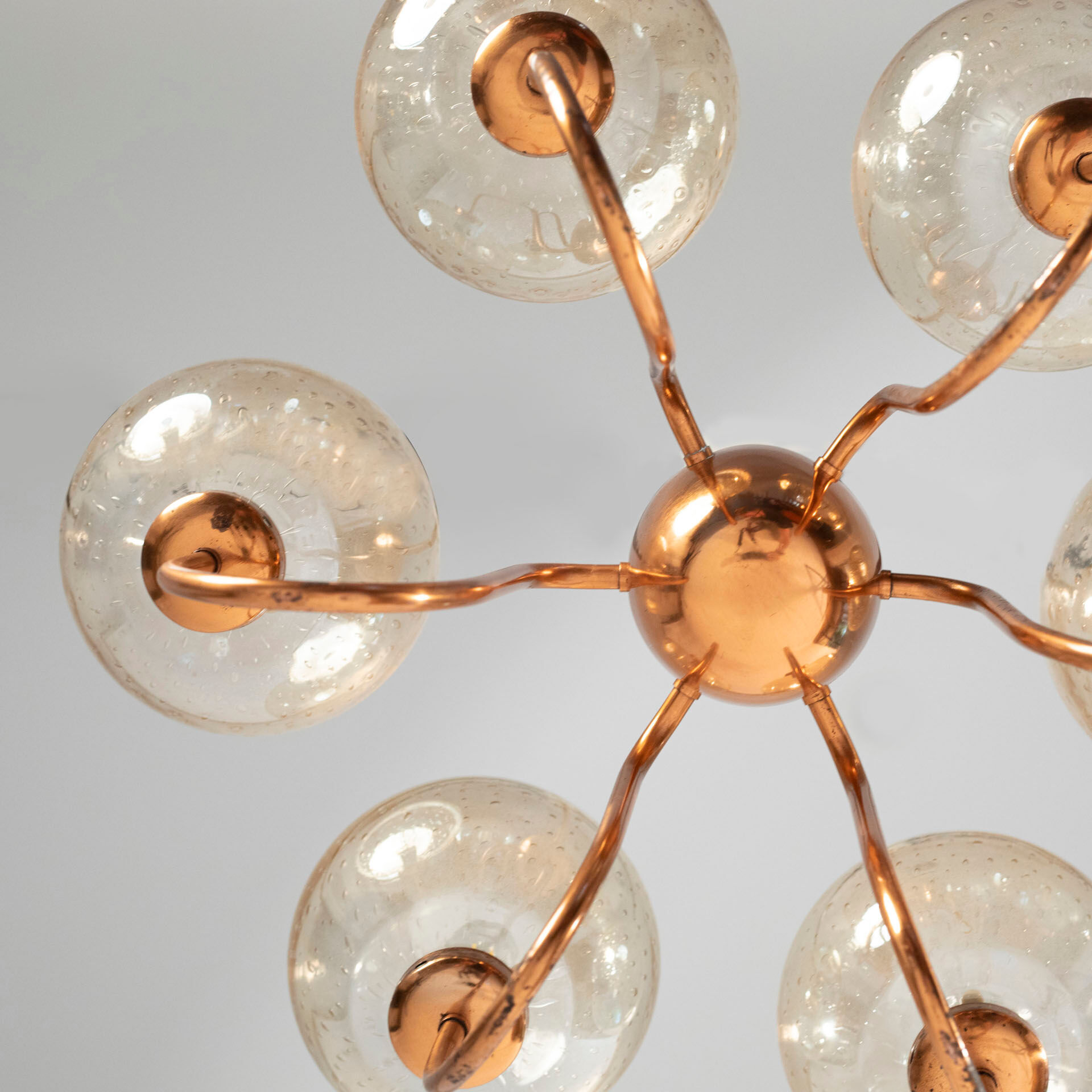 Chandelier in patinated copper and bubble glass produced by elmed, poland, 1970s