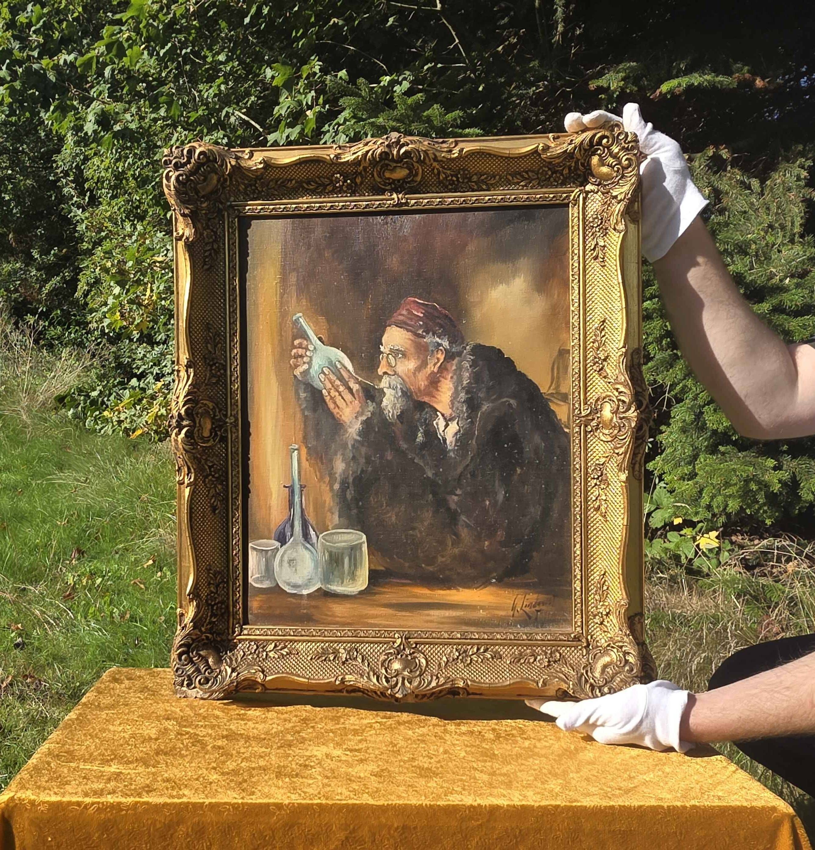 Vintage Mid-Century Alchemist Oil Painting