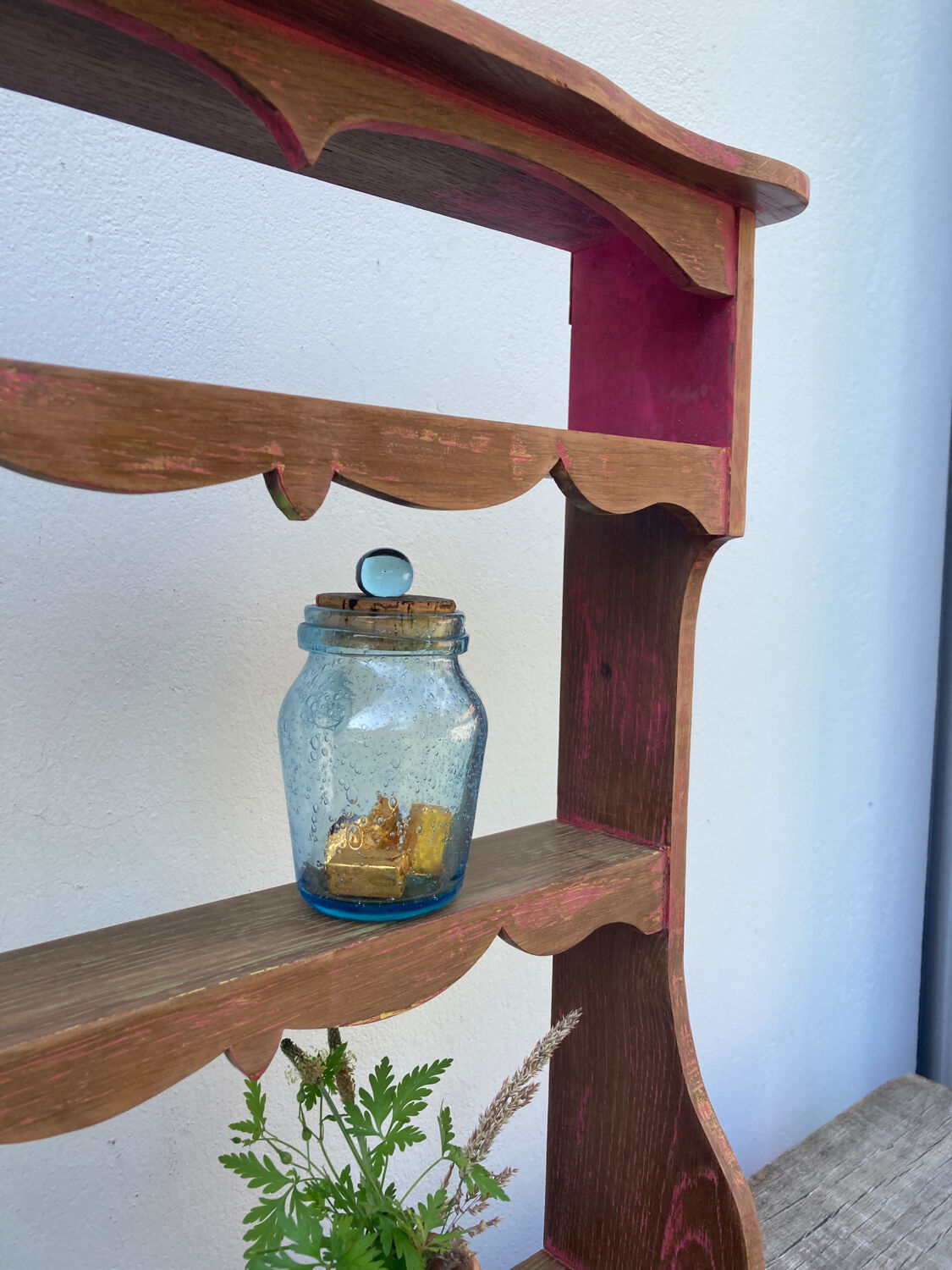 Wall spice shelf patinated wood vintage antique storage