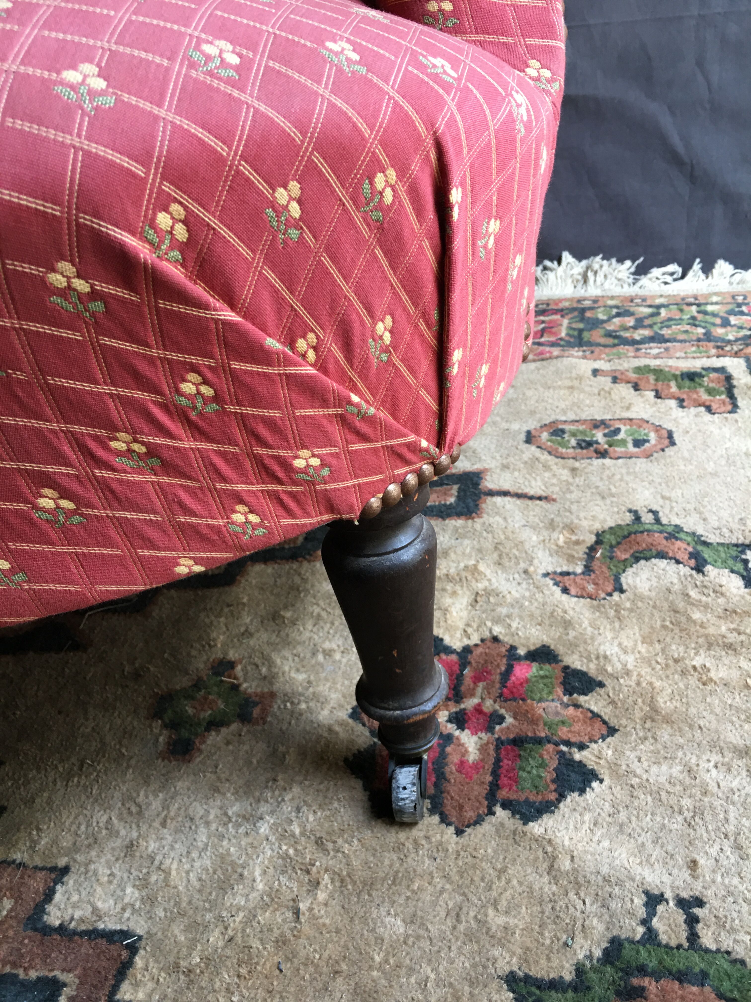 Pair of toad armchairs on wheels, upholstered.