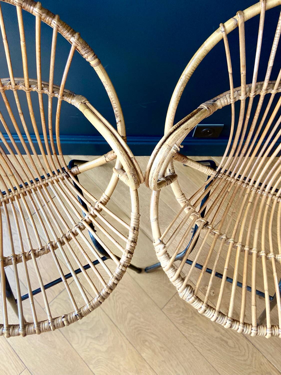 Pair of rattan basket armchairs - circa 1960.