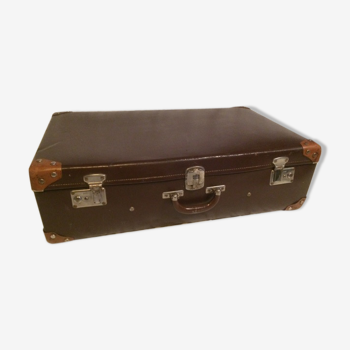 Valise vintage en cuir marron et intérieur tapissé d'origine