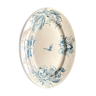 Oval plate in white and blue enamelled iron earth