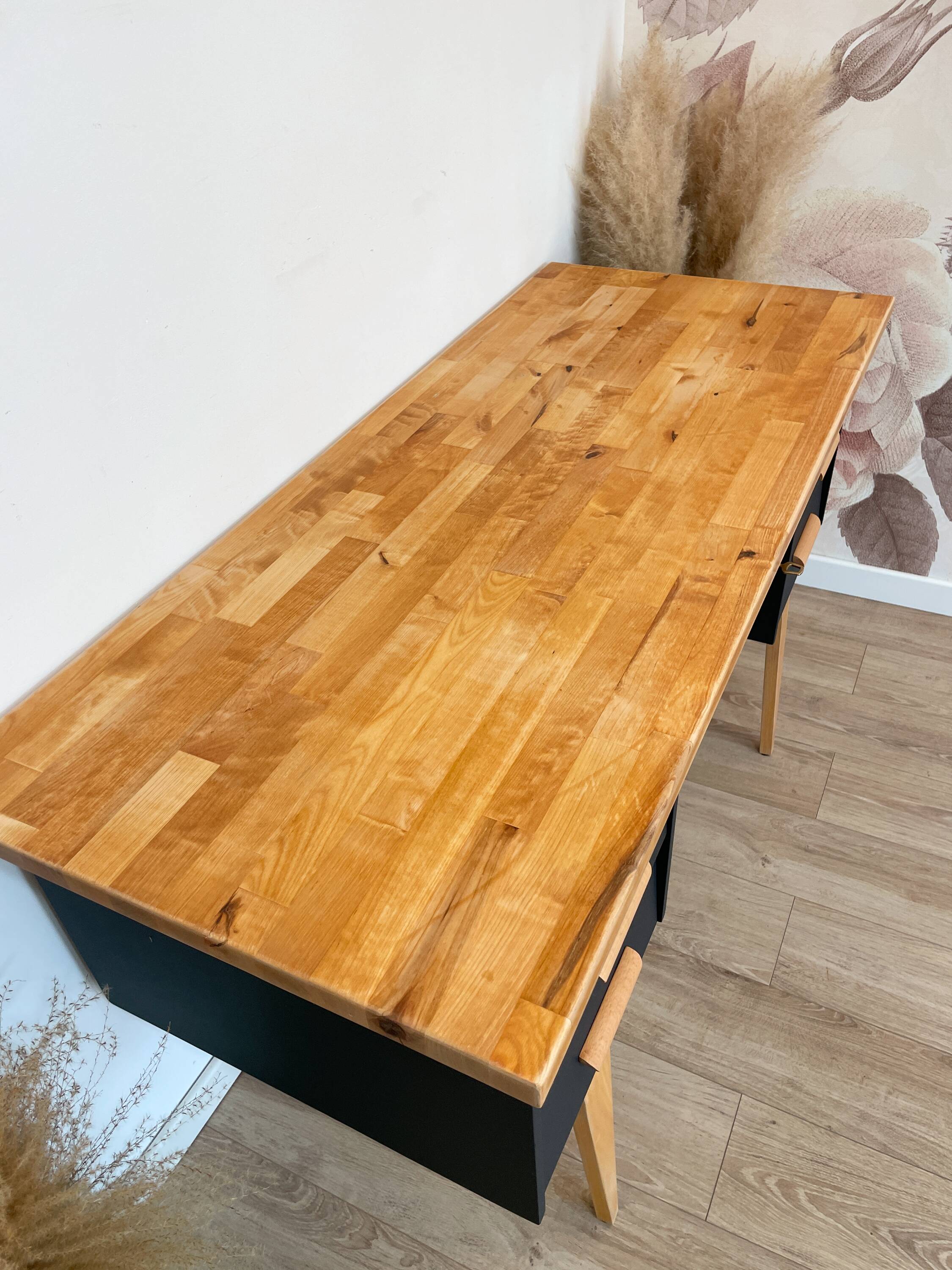 Vintage desk, Scandinavian style, Black lacquer and Beech