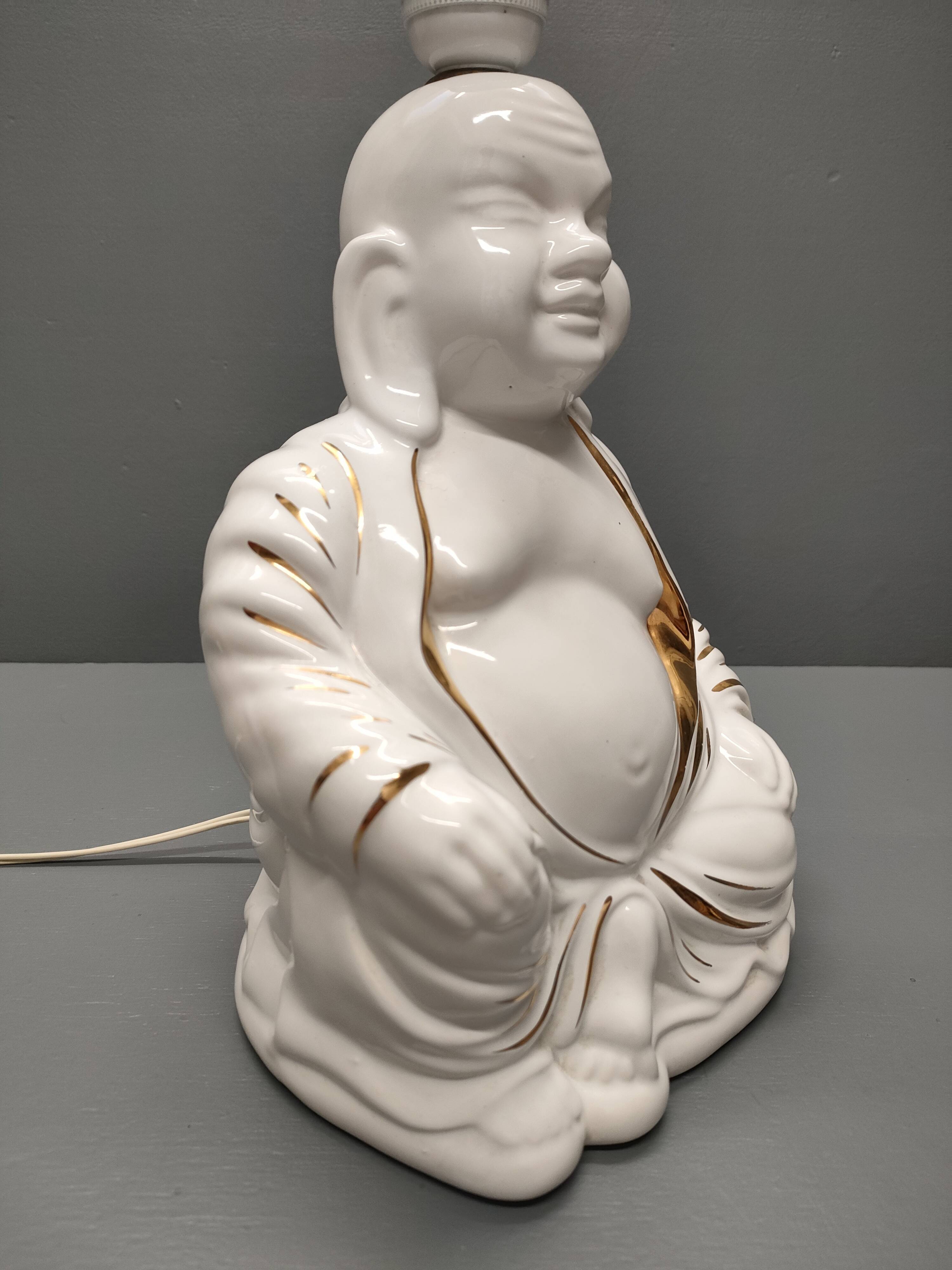 Seated Buddha lamp base ~ glazed and gold white ceramic ~ 80s