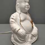 Seated Buddha lamp base ~ glazed and gold white ceramic ~ 80s