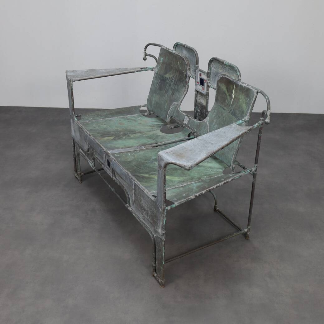 Sculptural bench in copper, zinc and stained glass by Cor de Ree, The Netherlands, 1999