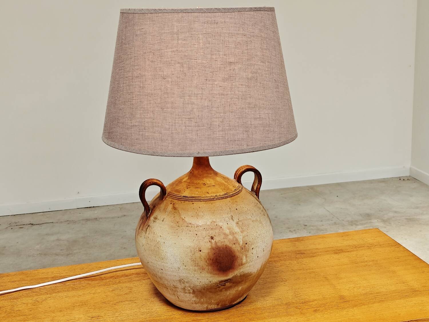 Modernist ceramic sandstone lamp with two handles from the 1950s