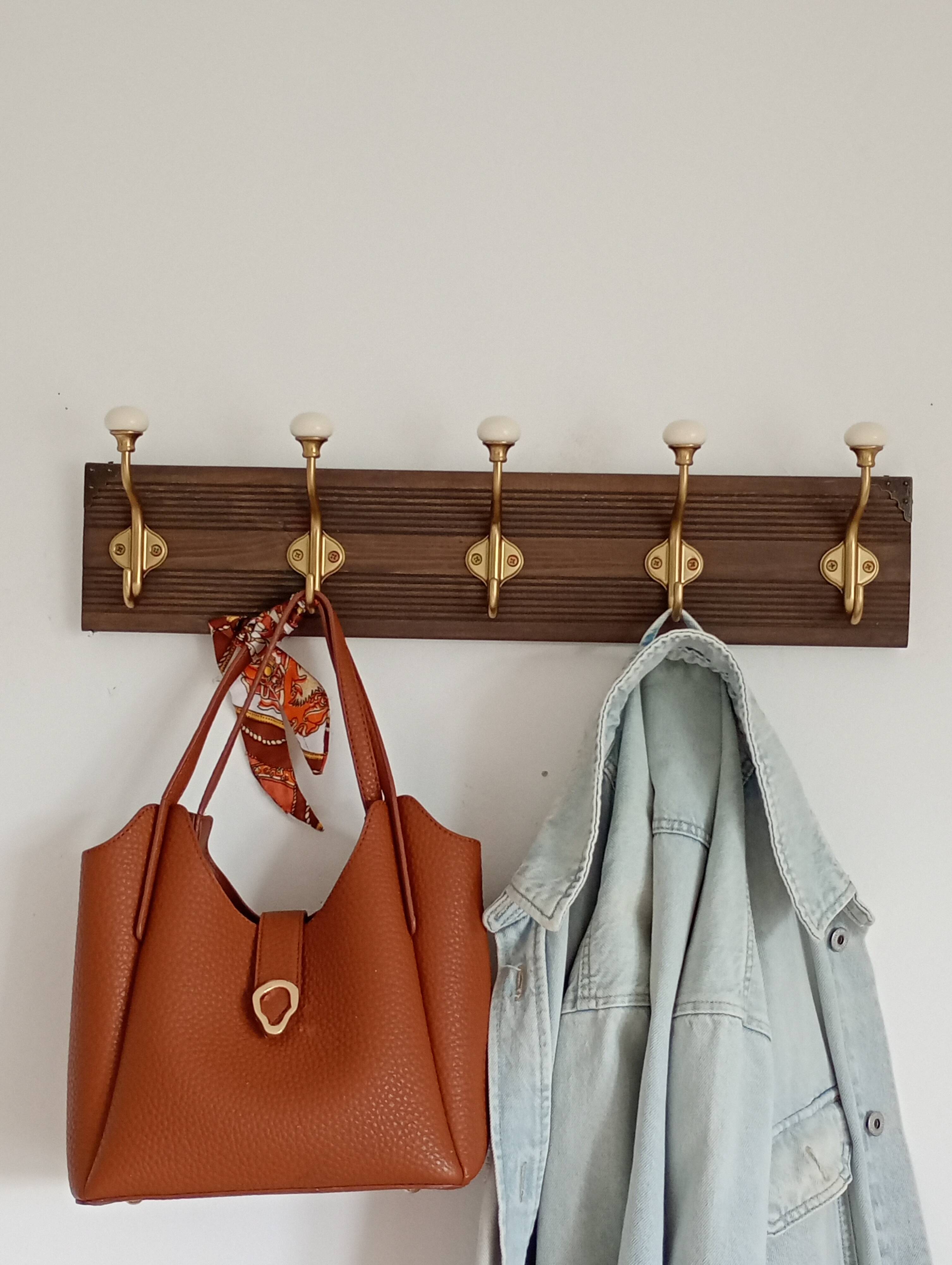 Vintage wall coat rack – 57 cm – 5 metal and ceramic hooks