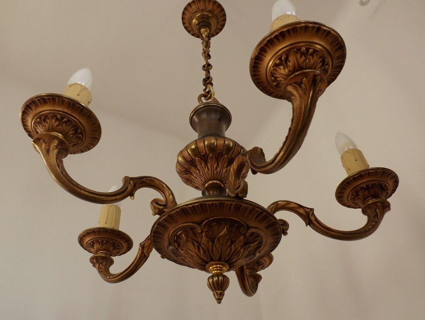 French Vintage Heavy Bronze/Brass 5 Light Empire Style Chandelier 3990