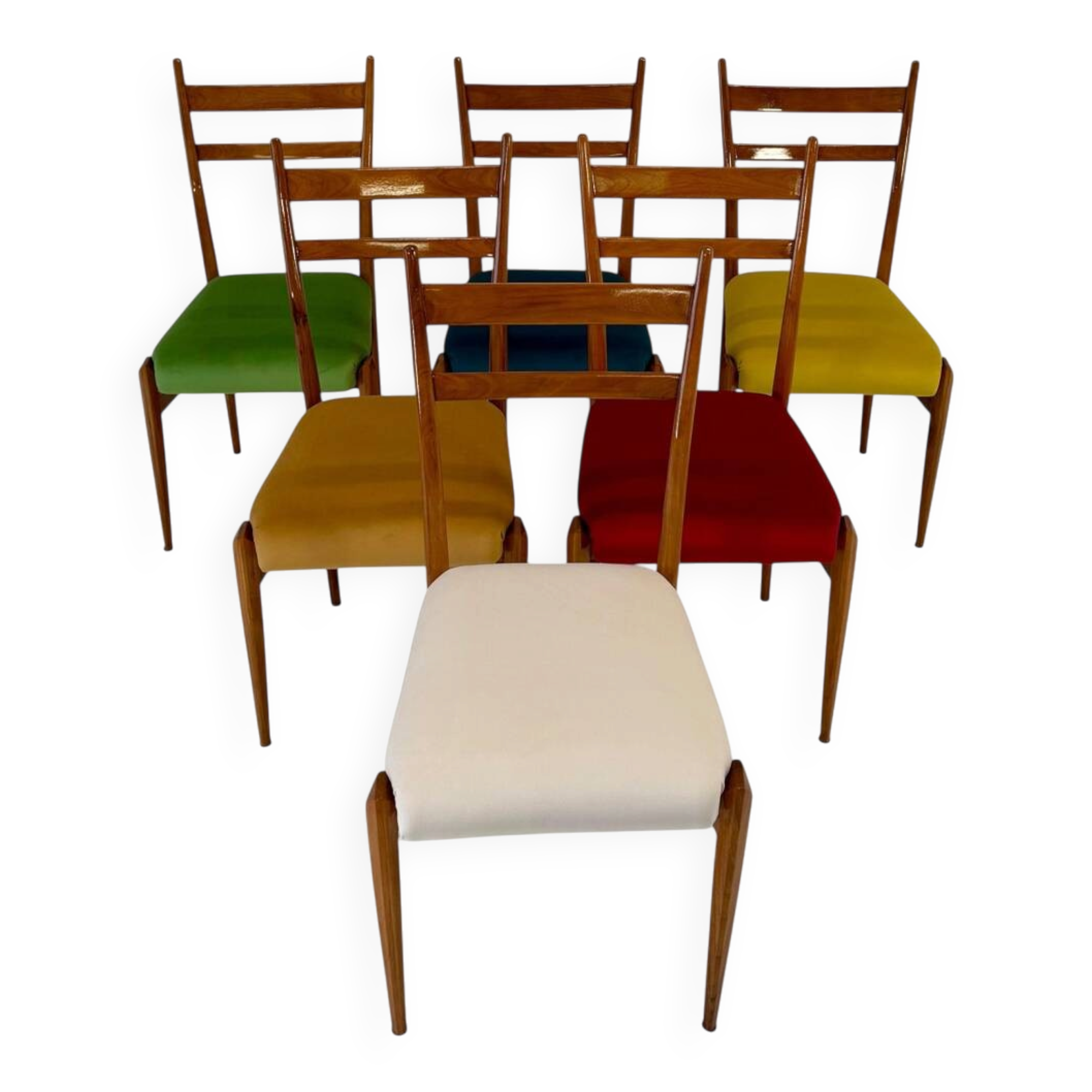Set of Six Italian Art Deco Walnut Chairs with Colorful Velvet Seats, 1950s