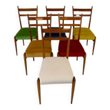 Set of Six Italian Art Deco Walnut Chairs with Colorful Velvet Seats, 1950s