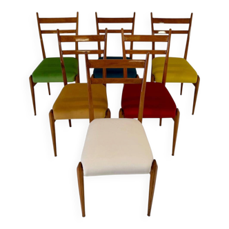 Set of Six Italian Art Deco Walnut Chairs with Colorful Velvet Seats, 1950s