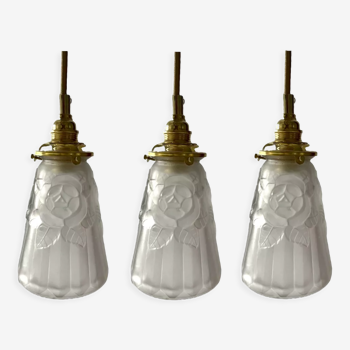 Set of three new electrified Art Deco pendant lamps