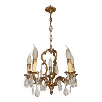 Vintage French Bronze 5 Light Cage Chandelier Beautiful Faceted Crystals 4756