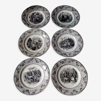 Series of 6 plates with talking dessert, jeanne d'arc series, creil montereau faiencerie