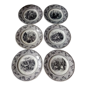 Series of 6 plates with talking dessert, jeanne d'arc series, creil montereau faiencerie