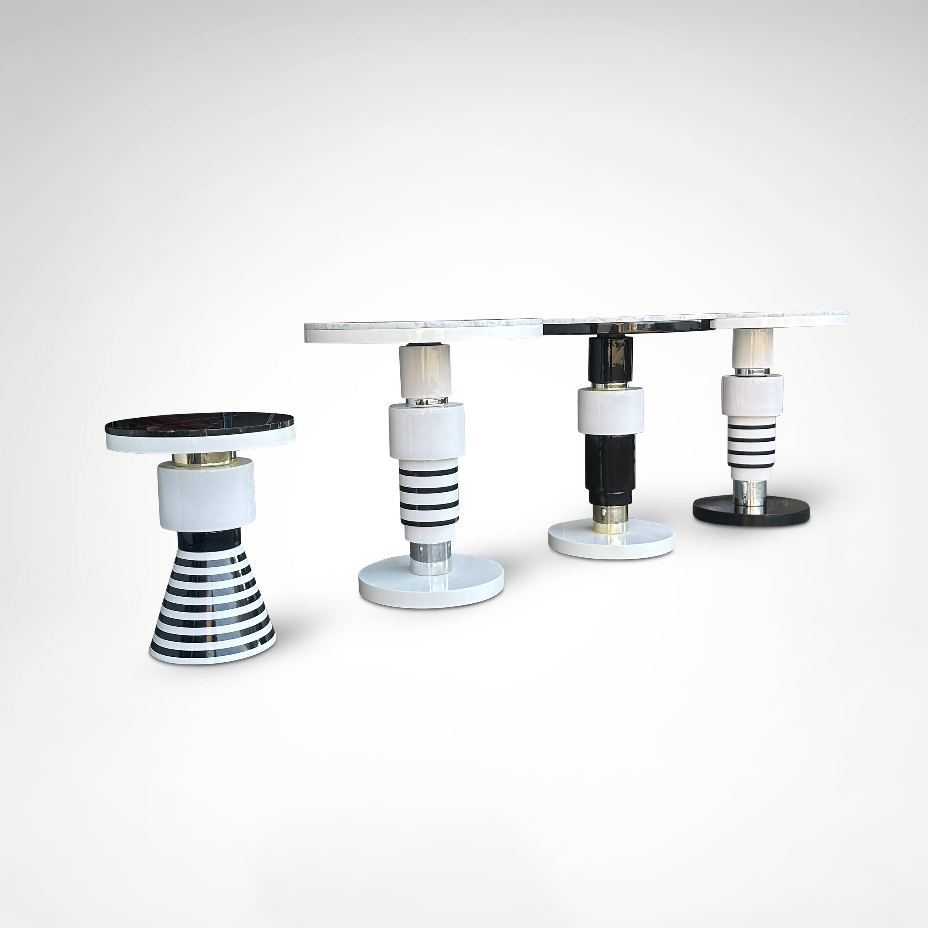 Hand crafted side tables of ceramic and marble in memphis style by casalto