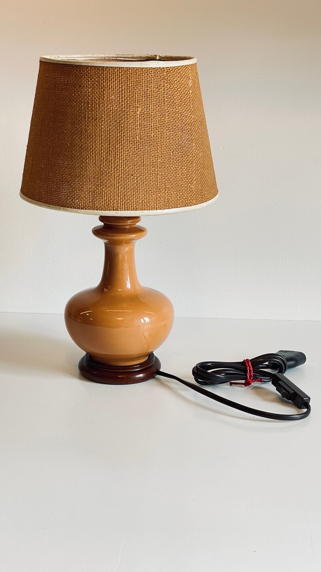 Ceramic lamp wood and vintage jute