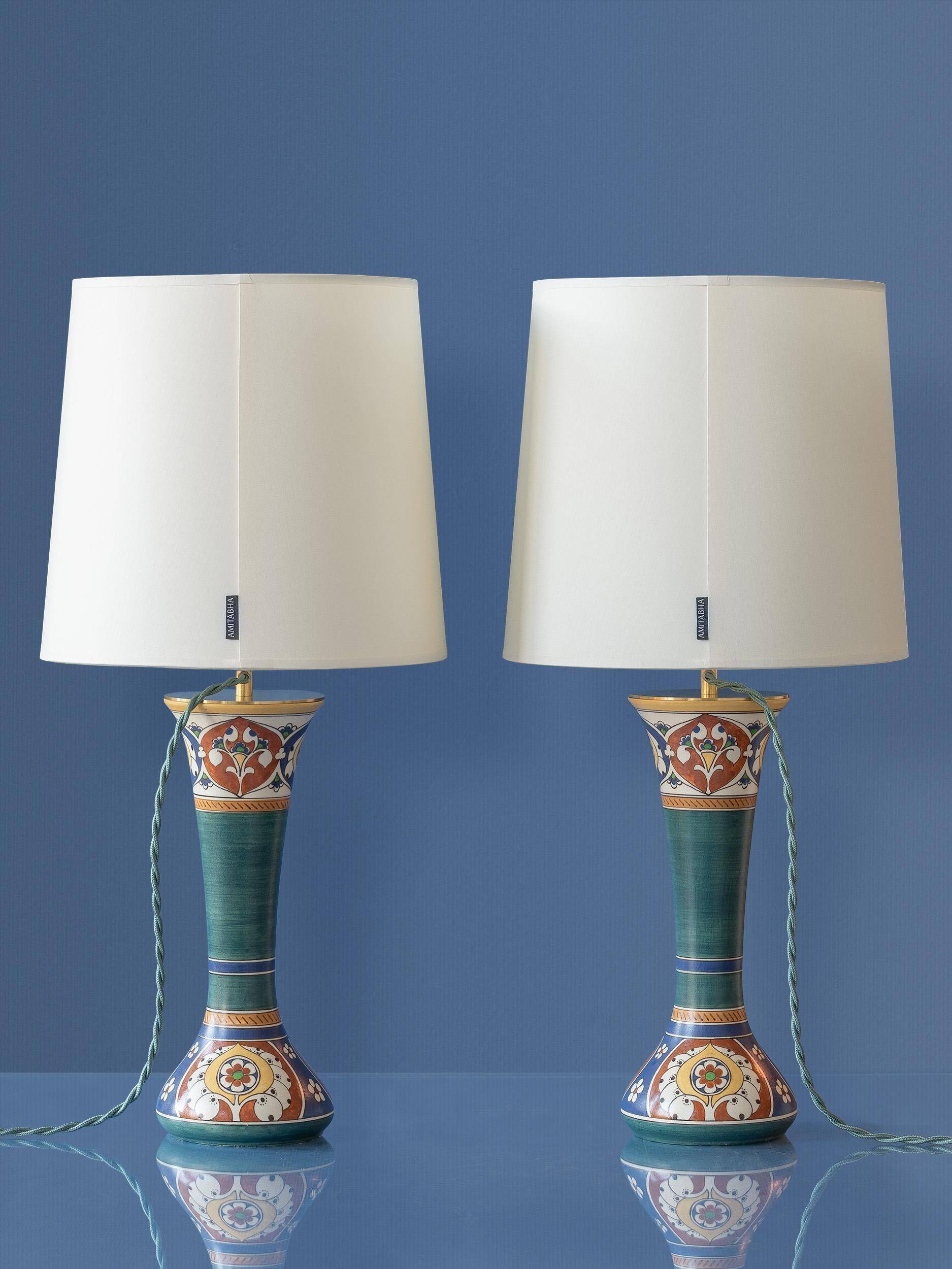 Pair of hand-painted ceramic table lamps in Dutch Art Nouveau–Art Deco style, 1910–1917.