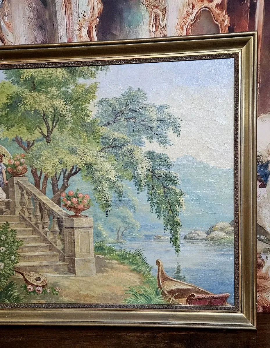 Tableau huile sur toile représentant une scène romantique