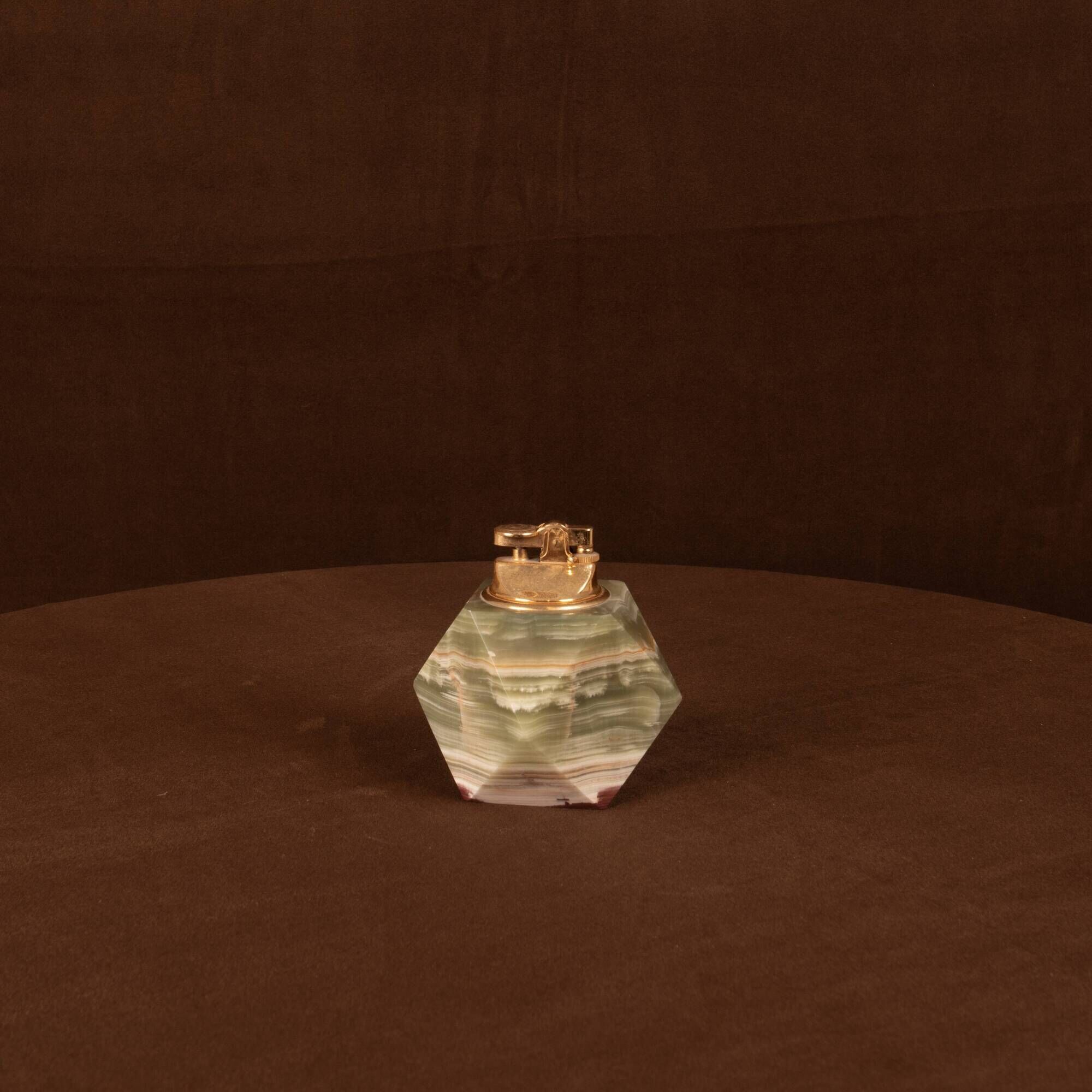 Italian Geometric Green Onyx and Brass Table Lighter, 1970