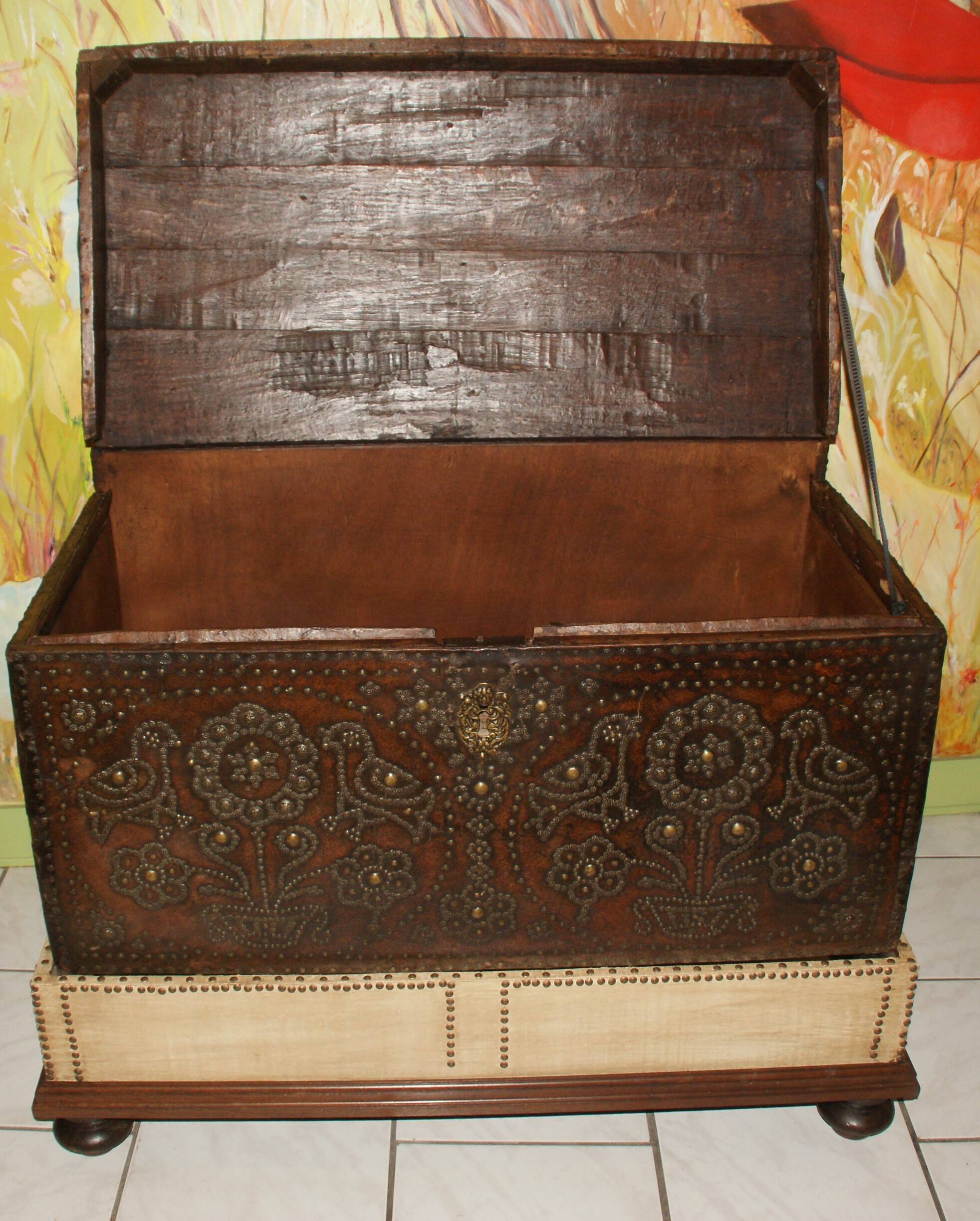 17th century studded leather travel trunk, richly decorated