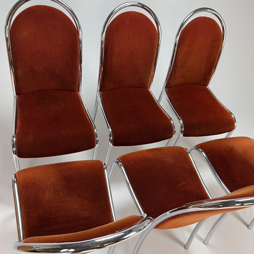 Set of 6 Belgium Tubular Frame and Velvet Dining Chairs, 1970s