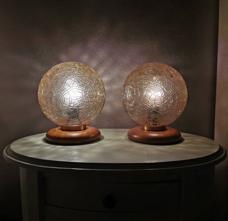 Wooden table lights with 70s gold glass hood