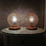 Lumières de table bois avec capot en verre doré années 70