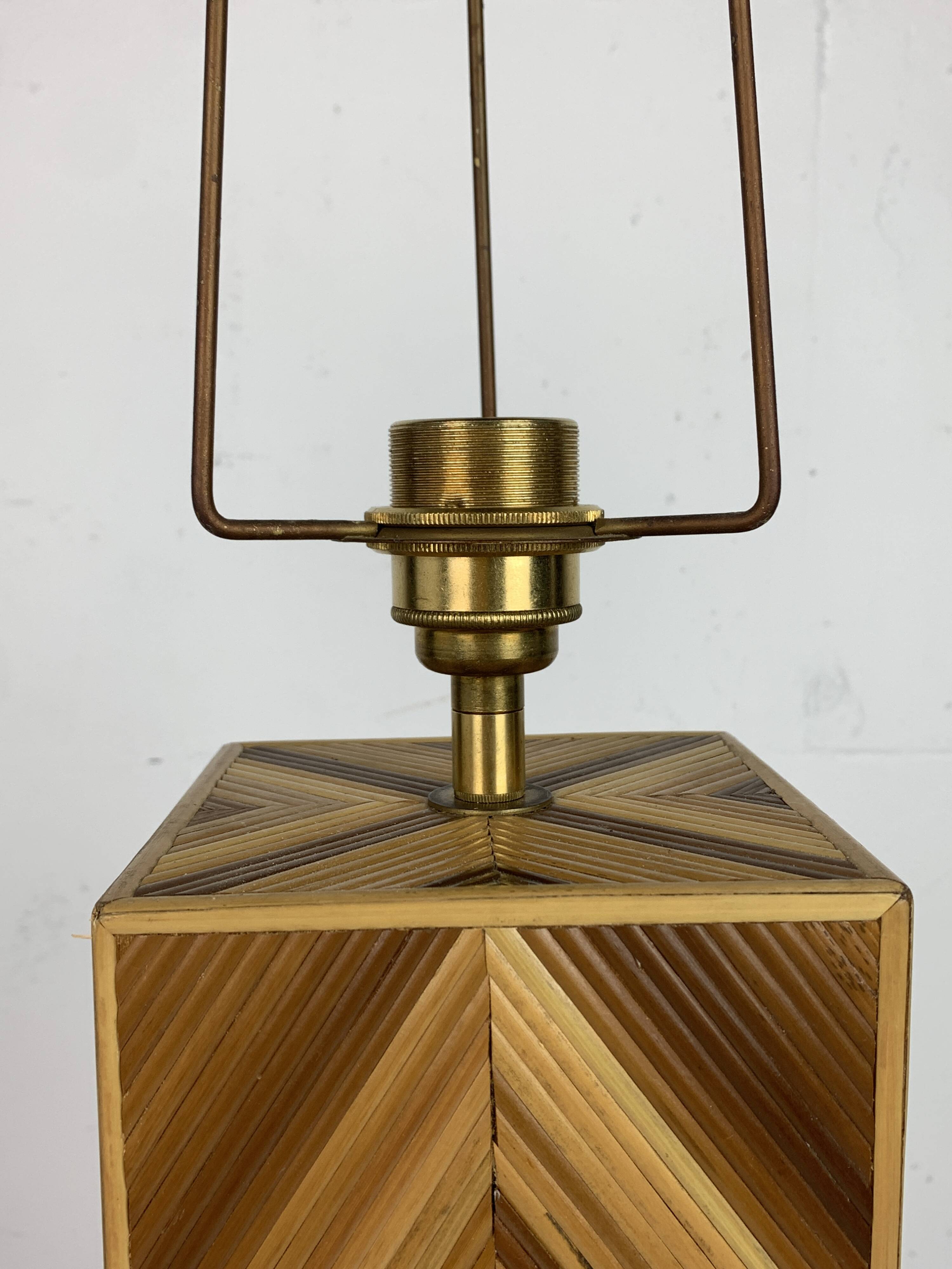 Midcentury pencil reed rattan bamboo and brass table lamp, 1970s