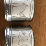 6 cups and sub-cups in pewter motifs birds and flowers and Chinese inscription