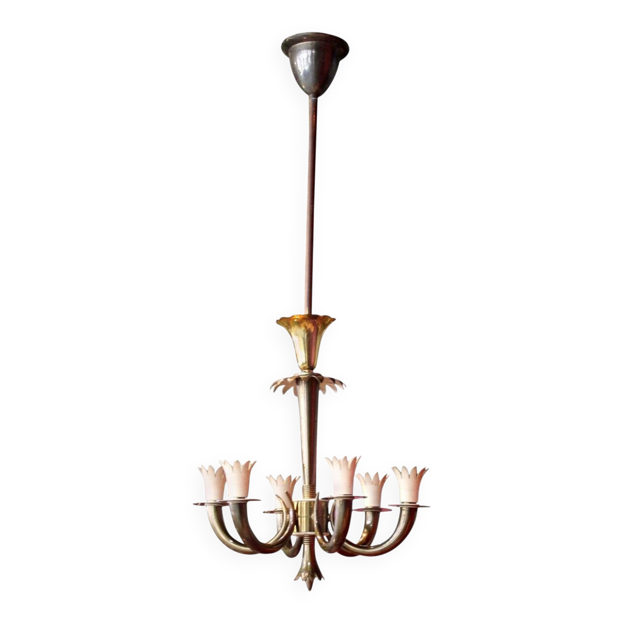 Art Deco Italian Brass 6-Lights Chandelier attributed to Gio Ponti for Lanci, 1930s