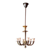 Chandelier Art Déco en laiton italien à 6 lumières attribué à Gio Ponti pour Lanci, années 1930.
