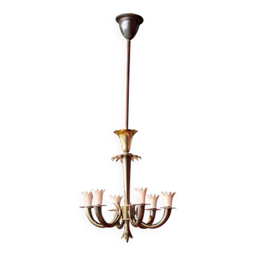 Art Deco Italian Brass 6-Lights Chandelier attributed to Gio Ponti for Lanci, 1930s