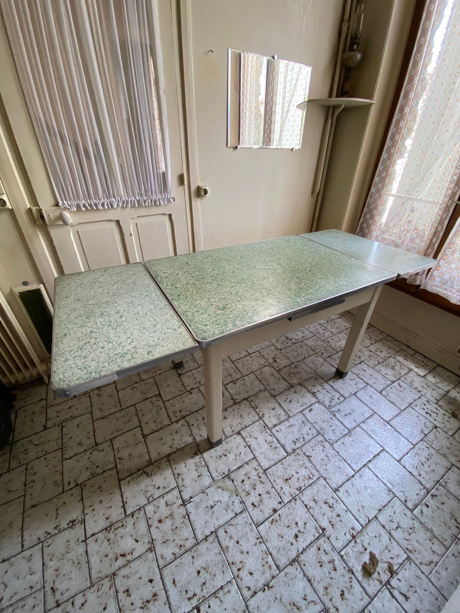 Vintage table in wood, metal and water green formica stamped Roc - Mado style